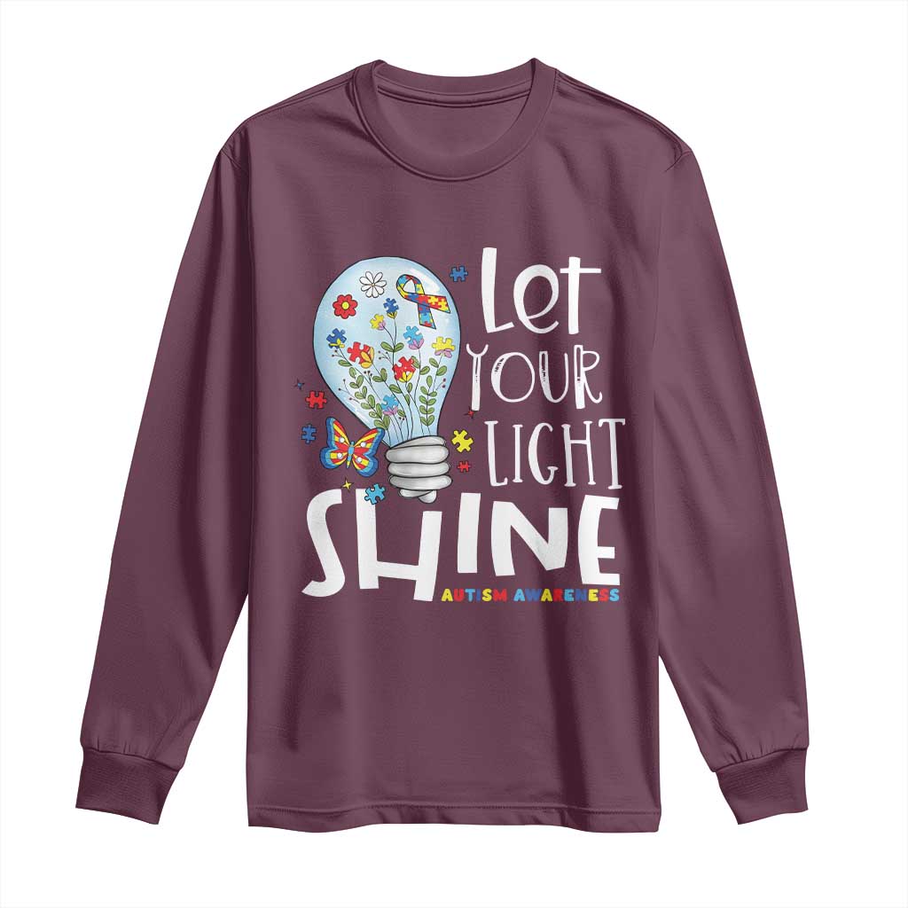Autism Awareness Long Sleeve Shirt Let Your Light Shine Puzzle Ribbon Inspirational Quote