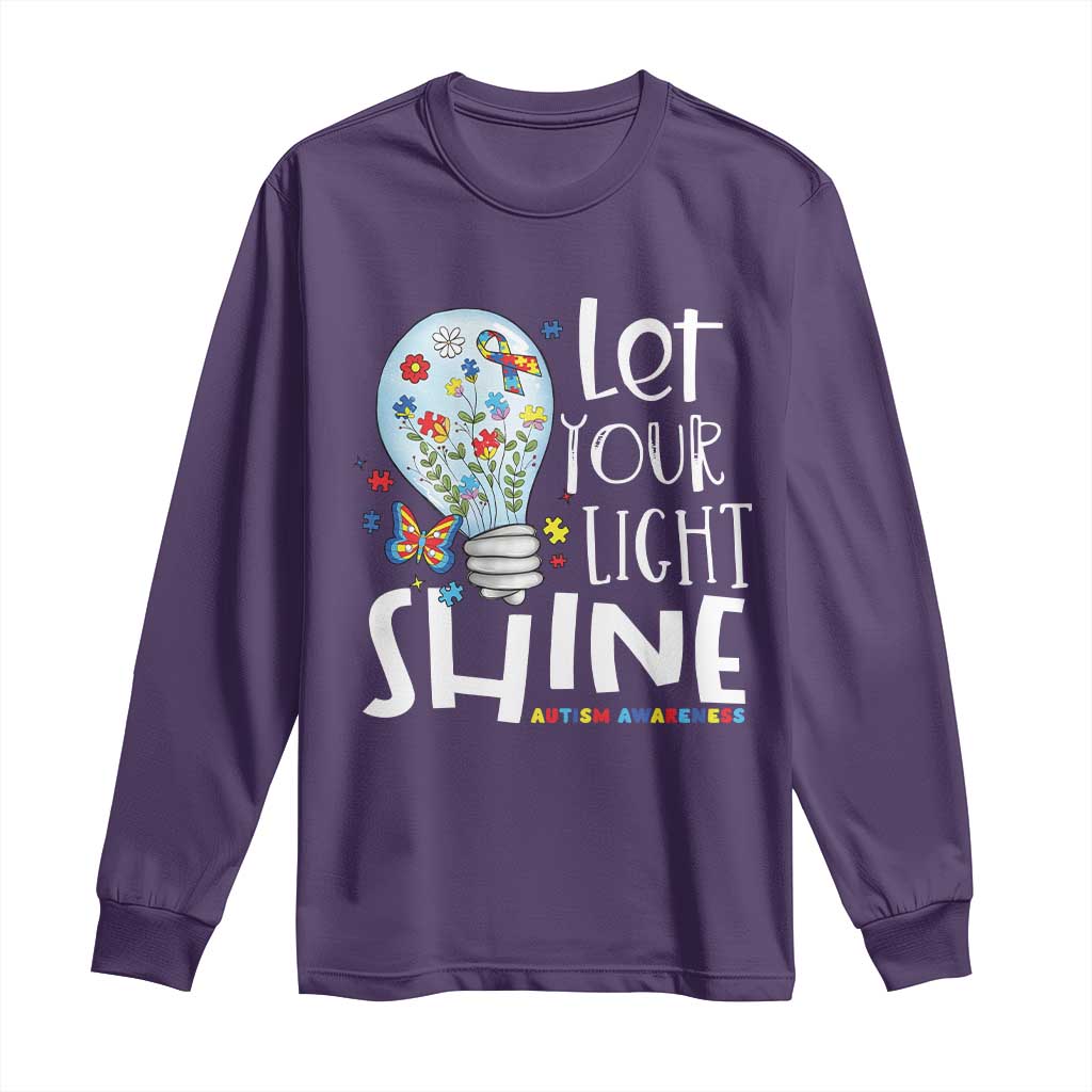 Autism Awareness Long Sleeve Shirt Let Your Light Shine Puzzle Ribbon Inspirational Quote