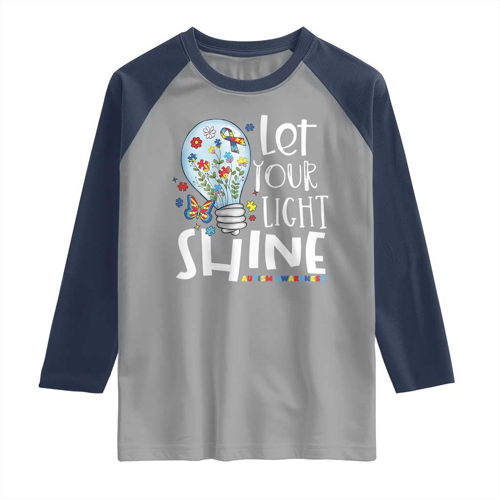 Autism Awareness Raglan Shirt Let Your Light Shine Puzzle Ribbon Inspirational Quote