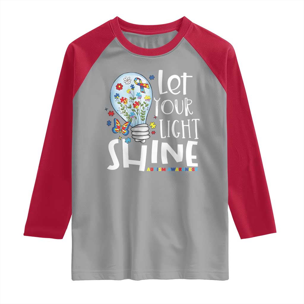 Autism Awareness Raglan Shirt Let Your Light Shine Puzzle Ribbon Inspirational Quote