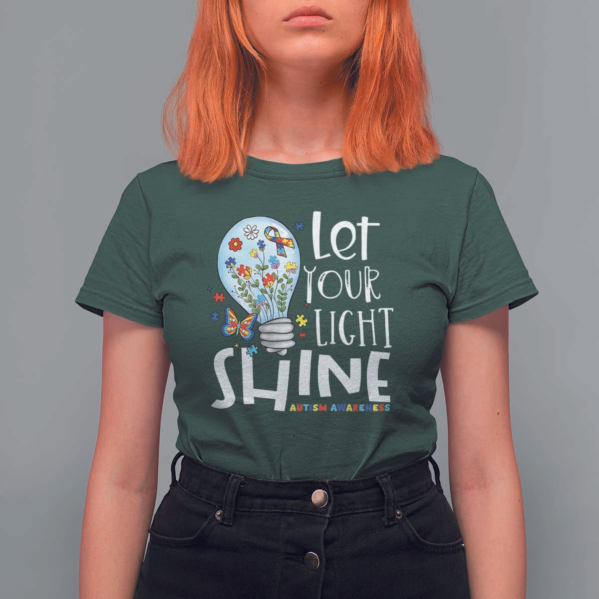 Autism Awareness T Shirt For Women Let Your Light Shine Puzzle Ribbon Inspirational Quote