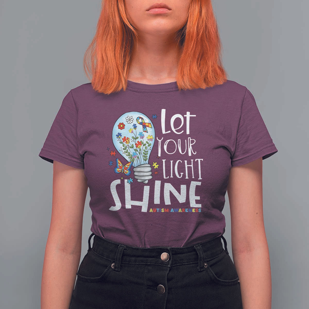 Autism Awareness T Shirt For Women Let Your Light Shine Puzzle Ribbon Inspirational Quote