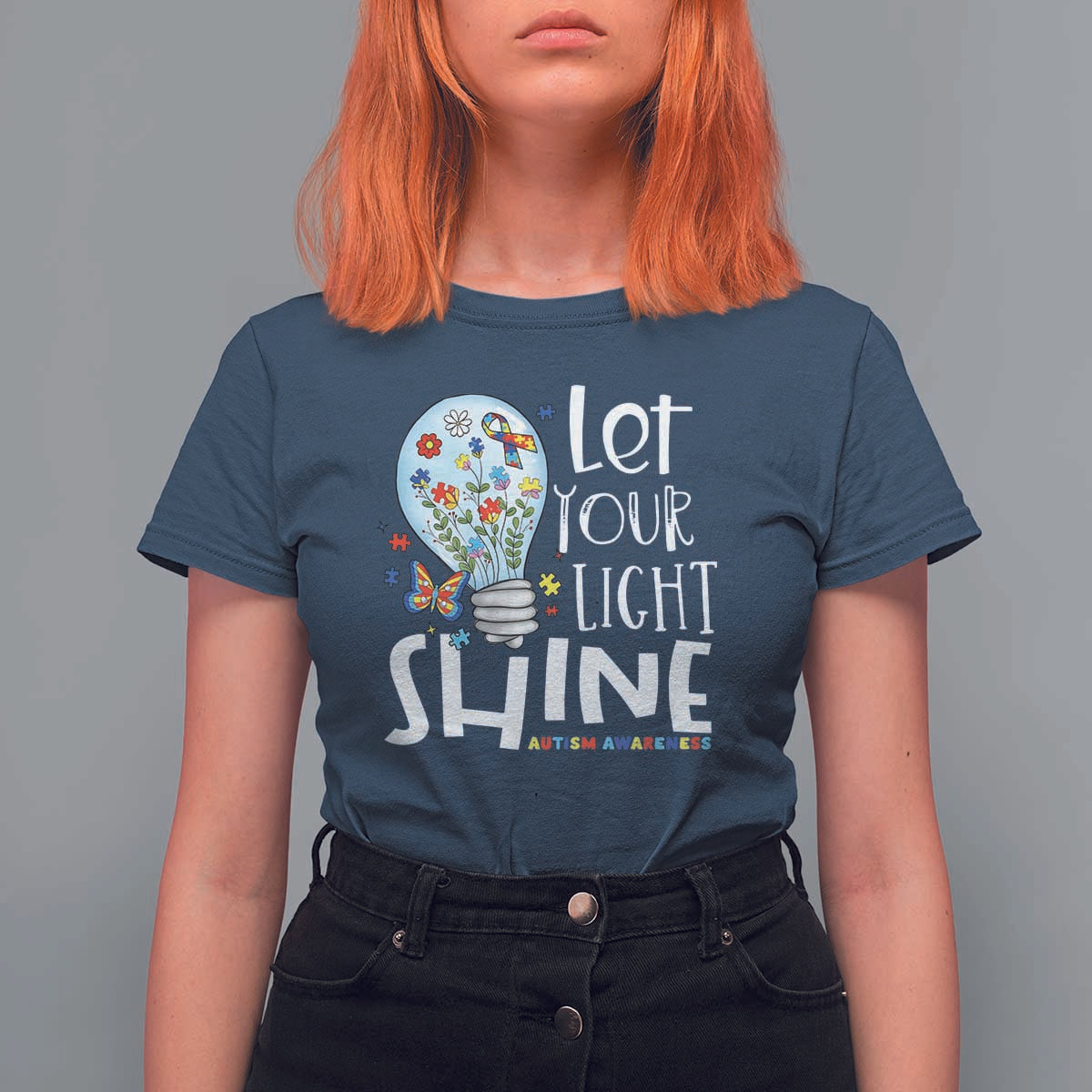 Autism Awareness T Shirt For Women Let Your Light Shine Puzzle Ribbon Inspirational Quote
