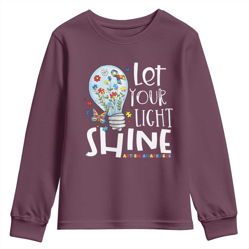 Autism Awareness Youth Sweatshirt Let Your Light Shine Puzzle Ribbon Inspirational Quote
