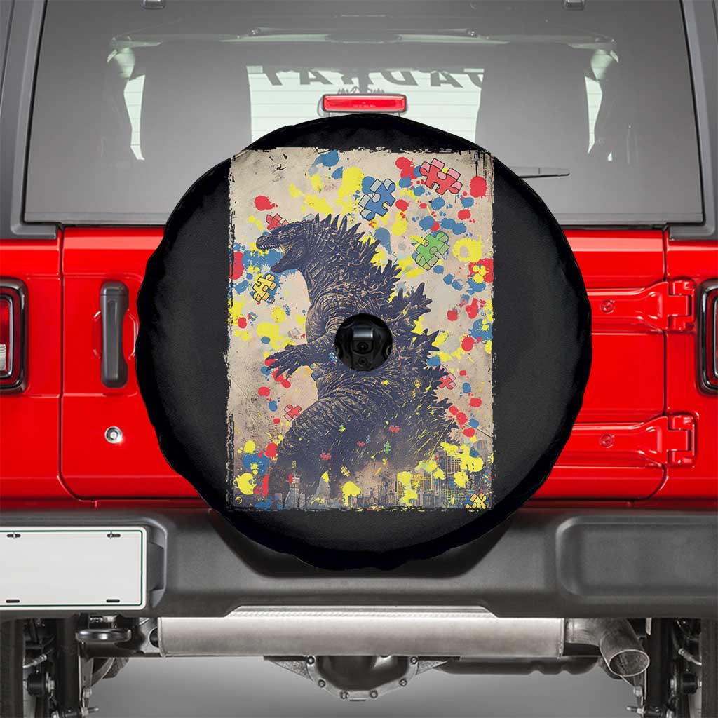 Funny Autism Awareness Japanese Giant Monster Spare Tire Cover Colorful Puzzles