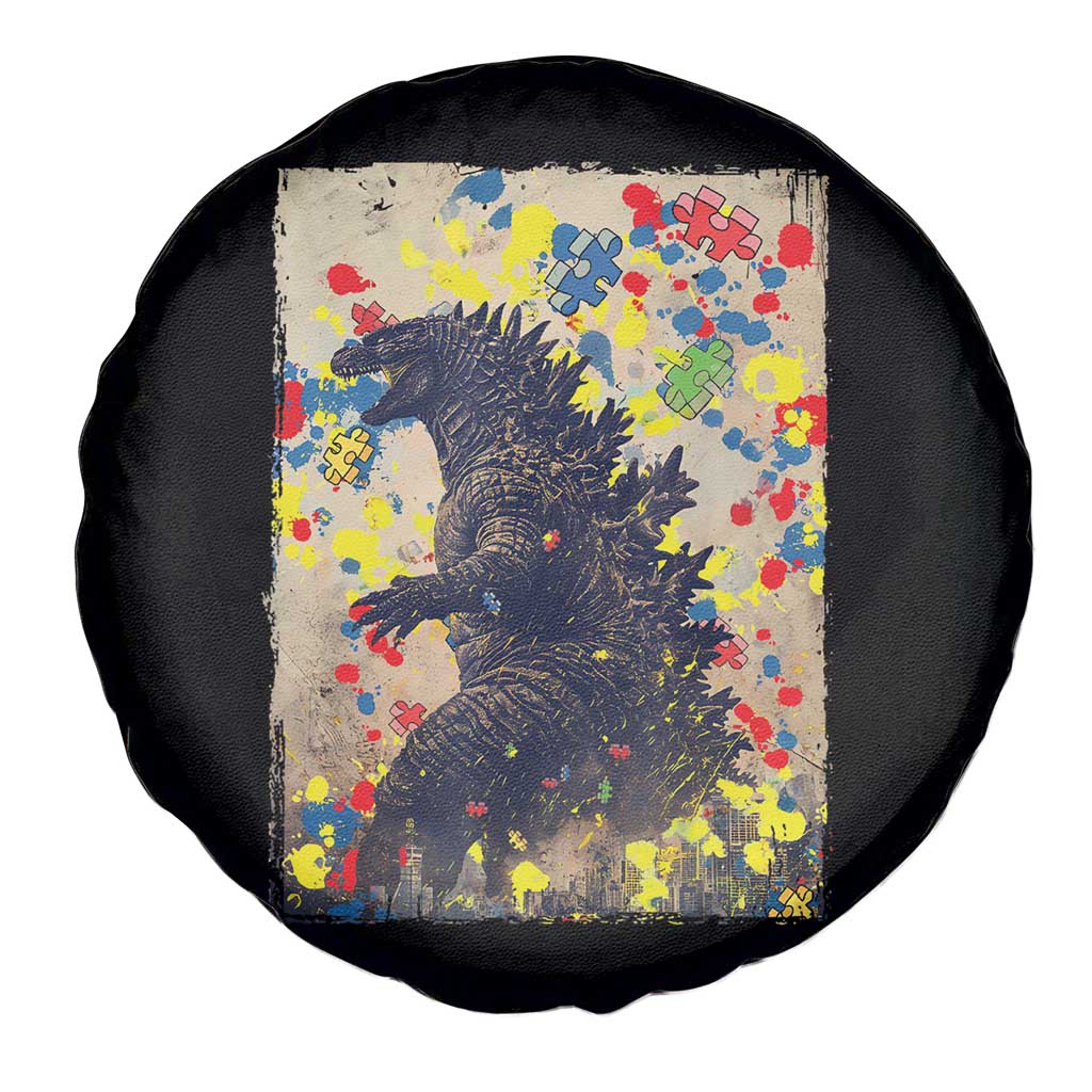 Funny Autism Awareness Japanese Giant Monster Spare Tire Cover Colorful Puzzles