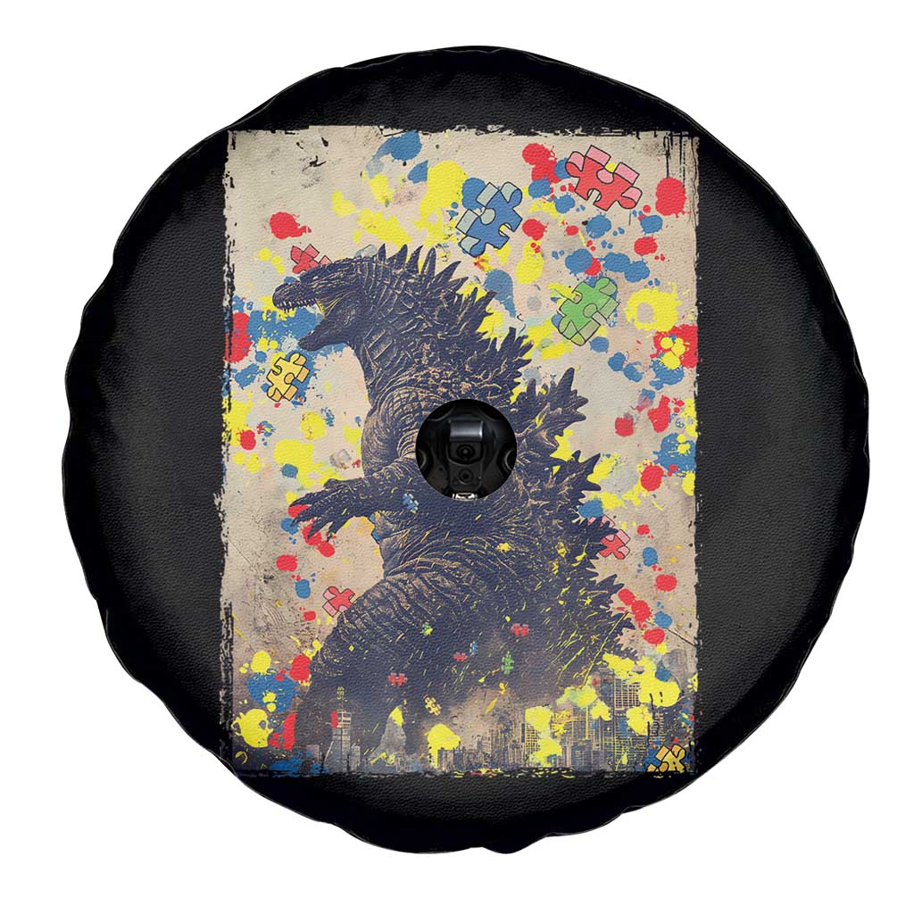 Funny Autism Awareness Japanese Giant Monster Spare Tire Cover Colorful Puzzles