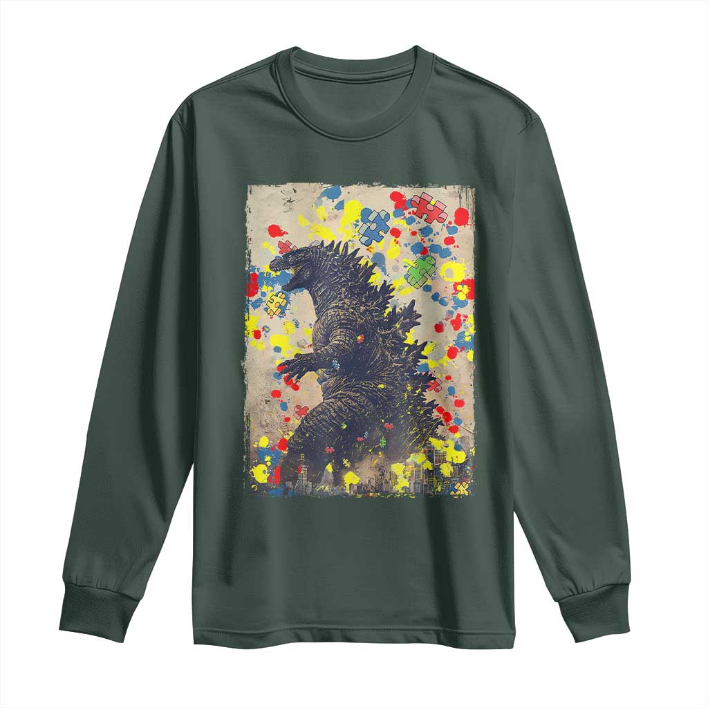 Funny Autism Awareness Japanese Giant Monster Long Sleeve Shirt Colorful Puzzles