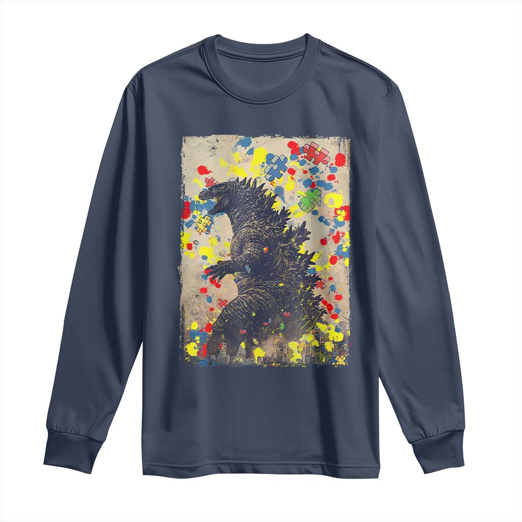 Funny Autism Awareness Japanese Giant Monster Long Sleeve Shirt Colorful Puzzles
