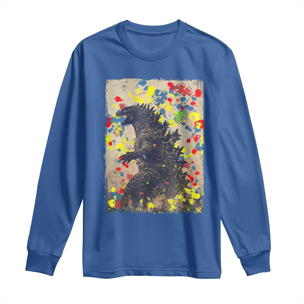 Funny Autism Awareness Japanese Giant Monster Long Sleeve Shirt Colorful Puzzles
