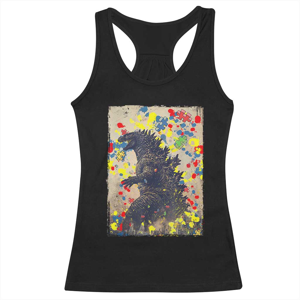 Funny Autism Awareness Japanese Giant Monster Racerback Tank Top Colorful Puzzles