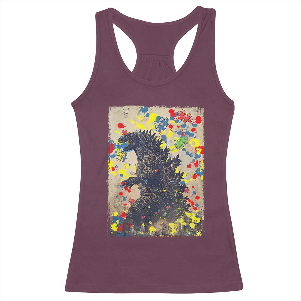 Funny Autism Awareness Japanese Giant Monster Racerback Tank Top Colorful Puzzles