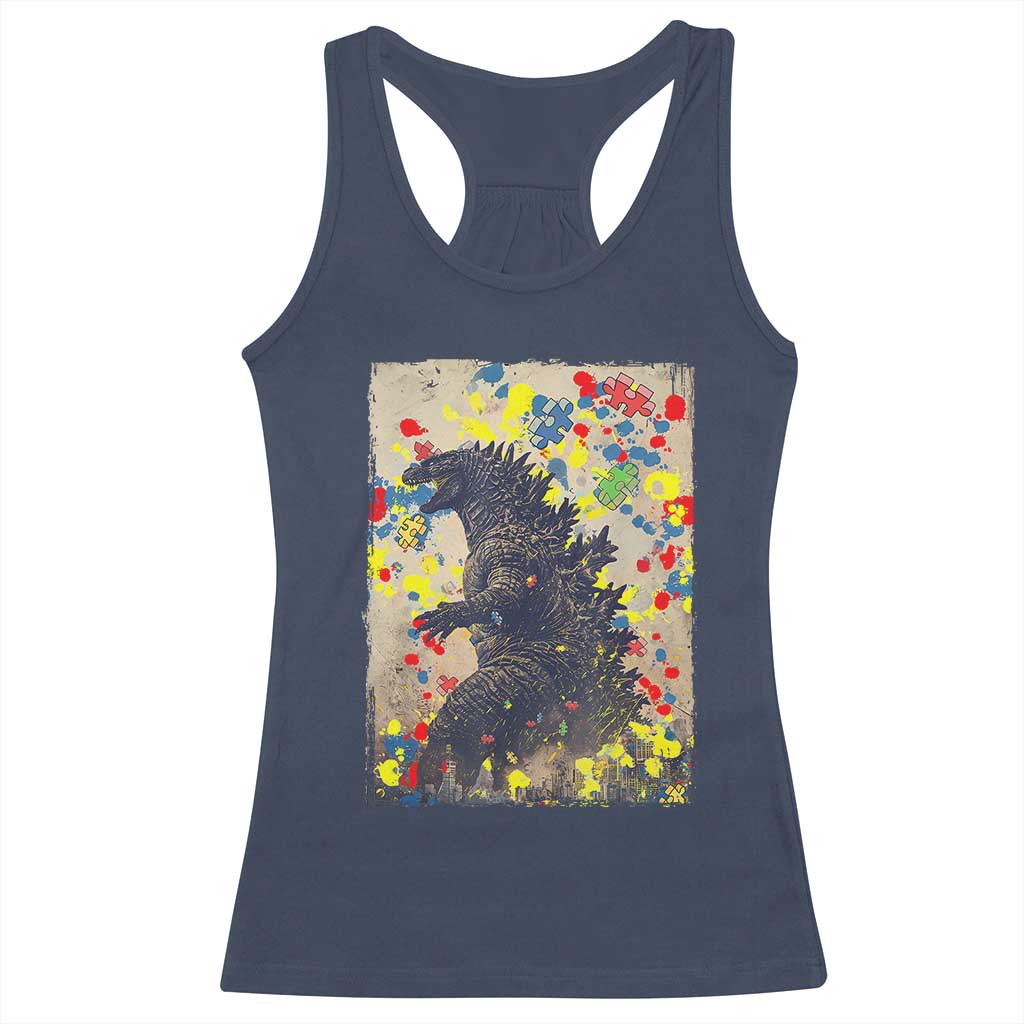 Funny Autism Awareness Japanese Giant Monster Racerback Tank Top Colorful Puzzles