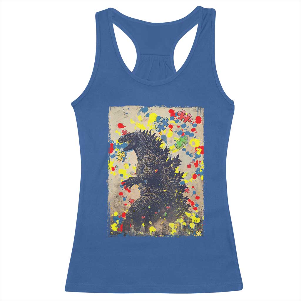 Funny Autism Awareness Japanese Giant Monster Racerback Tank Top Colorful Puzzles