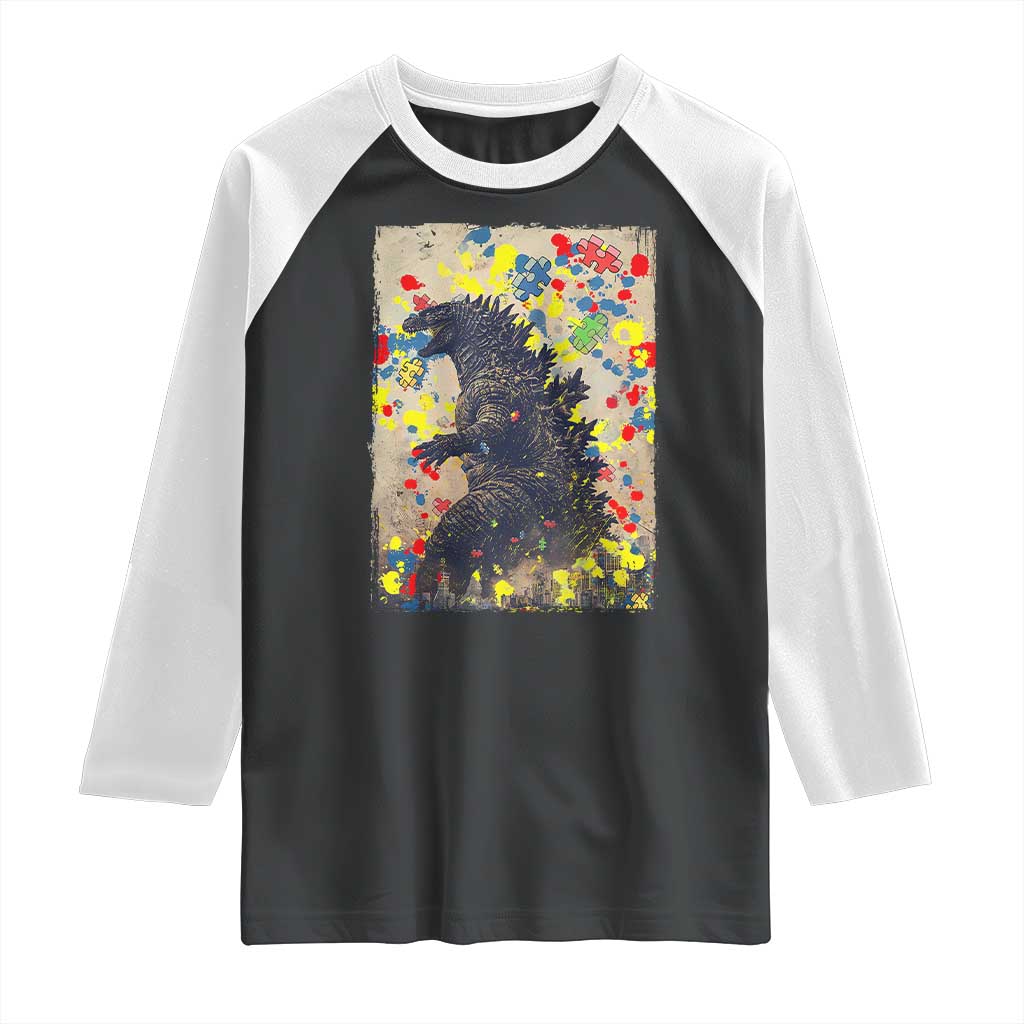Funny Autism Awareness Japanese Giant Monster Raglan Shirt Colorful Puzzles