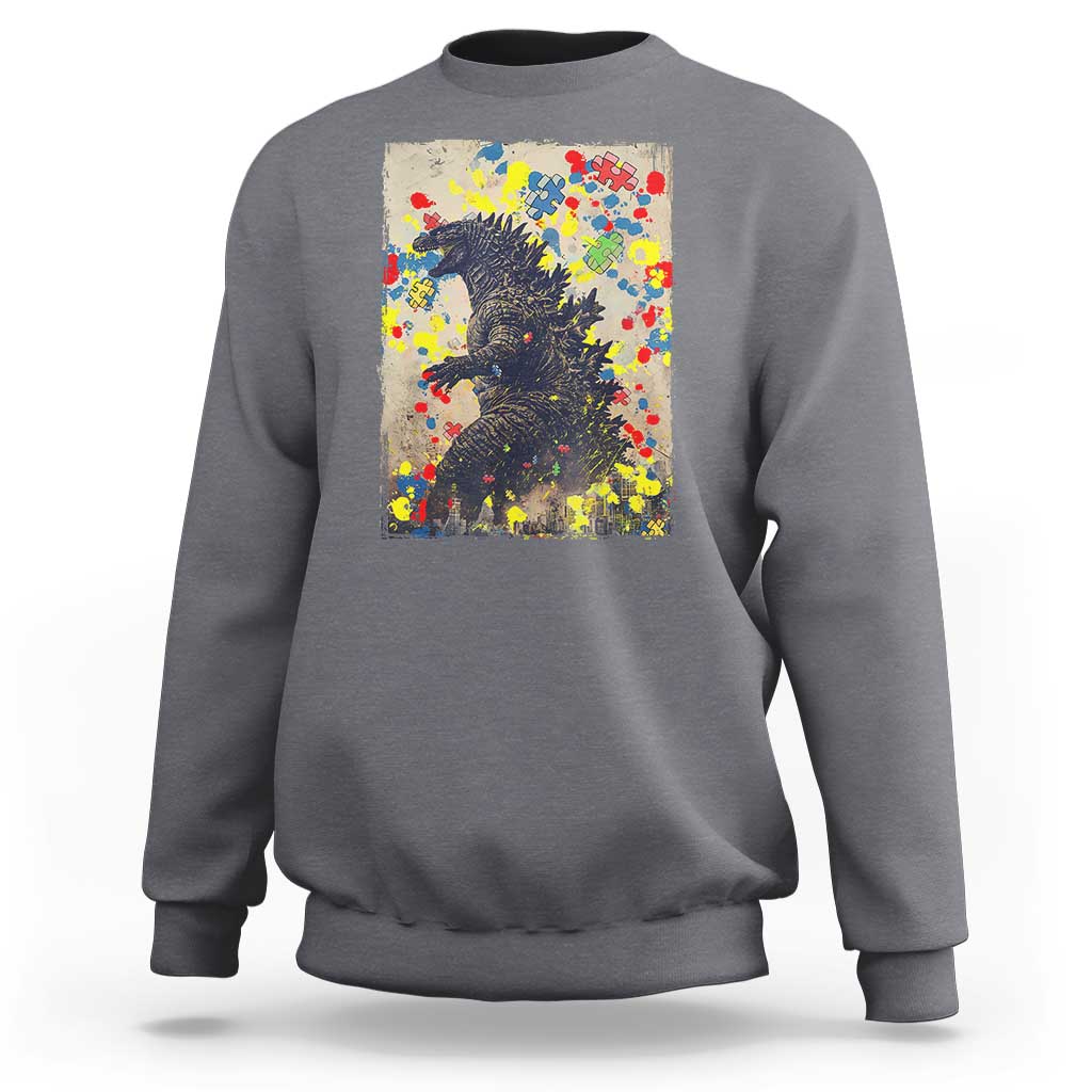 Funny Autism Awareness Japanese Giant Monster Sweatshirt Colorful Puzzles