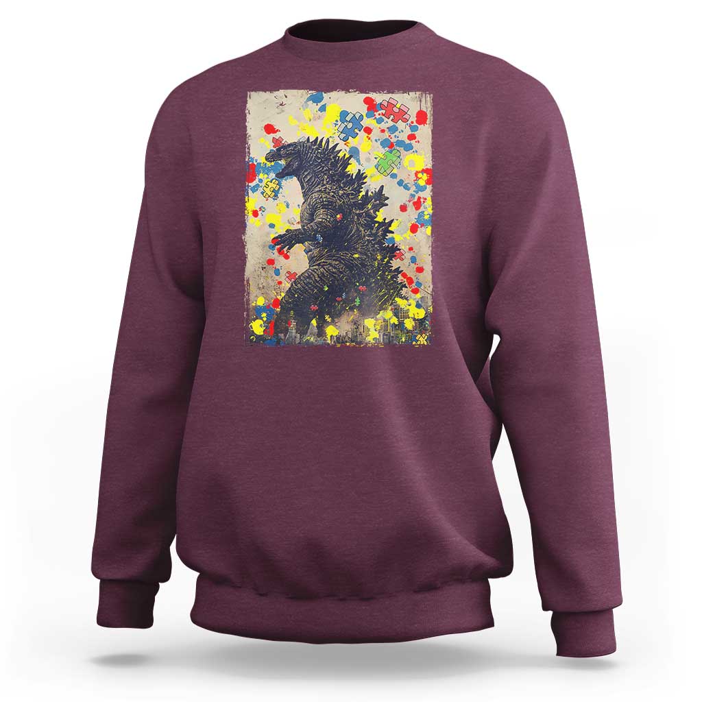 Funny Autism Awareness Japanese Giant Monster Sweatshirt Colorful Puzzles