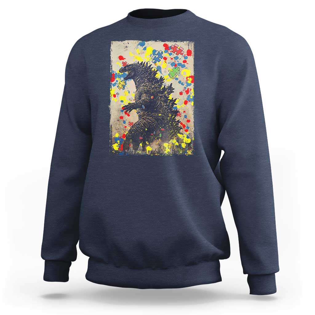 Funny Autism Awareness Japanese Giant Monster Sweatshirt Colorful Puzzles
