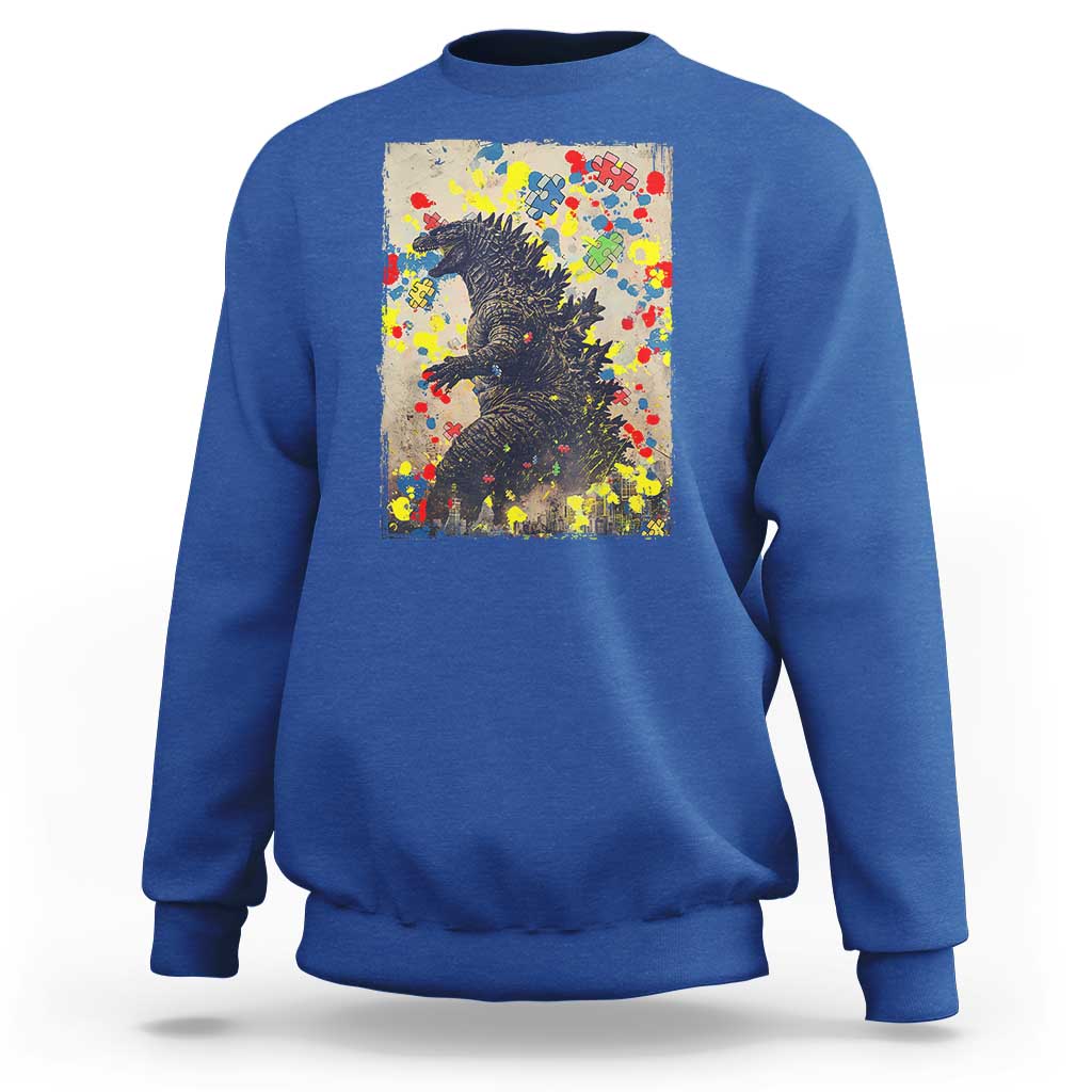 Funny Autism Awareness Japanese Giant Monster Sweatshirt Colorful Puzzles