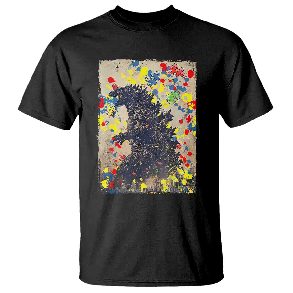 Funny Autism Awareness Japanese Giant Monster T Shirt Colorful Puzzles