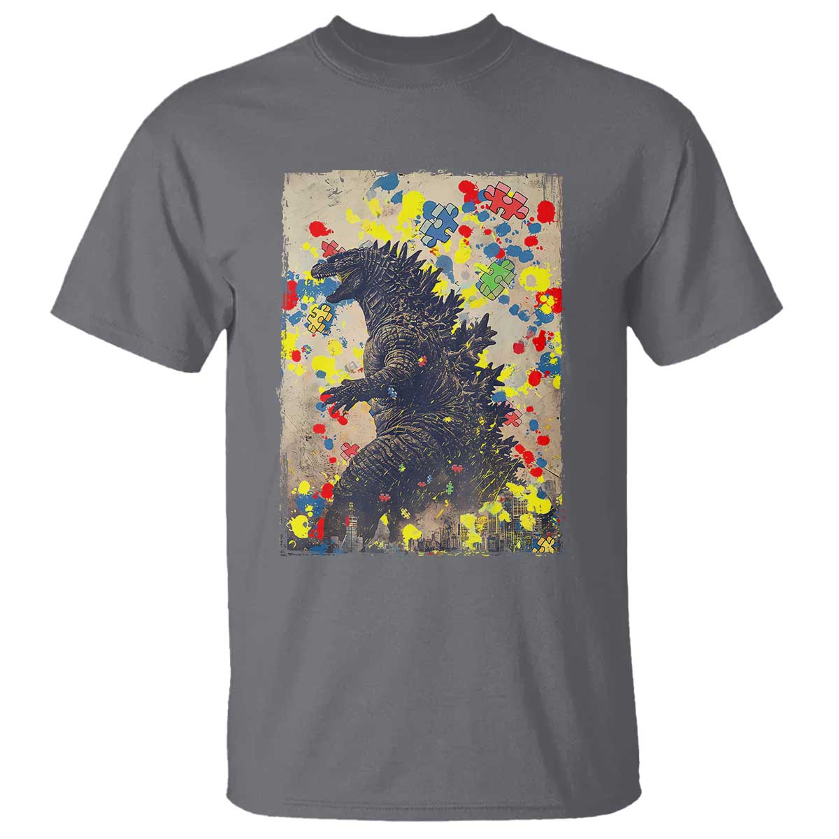 Funny Autism Awareness Japanese Giant Monster T Shirt Colorful Puzzles