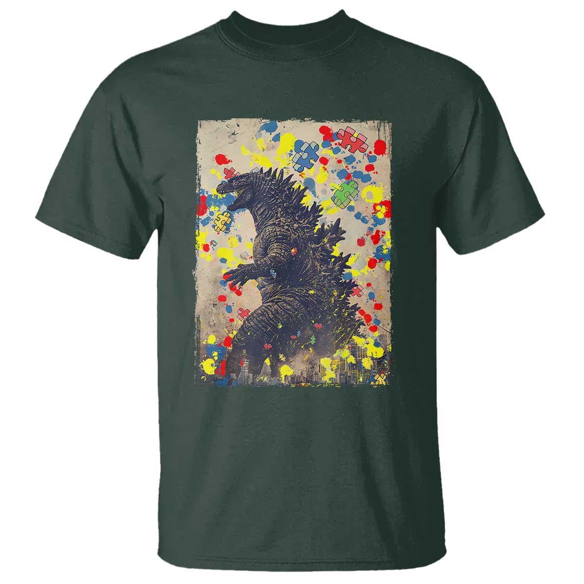 Funny Autism Awareness Japanese Giant Monster T Shirt Colorful Puzzles