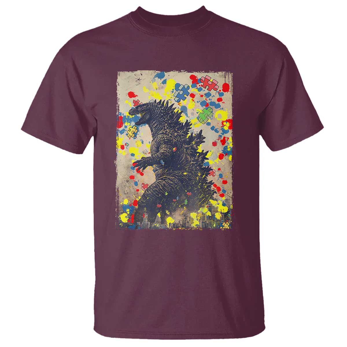 Funny Autism Awareness Japanese Giant Monster T Shirt Colorful Puzzles