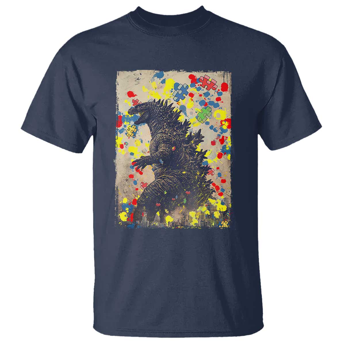 Funny Autism Awareness Japanese Giant Monster T Shirt Colorful Puzzles