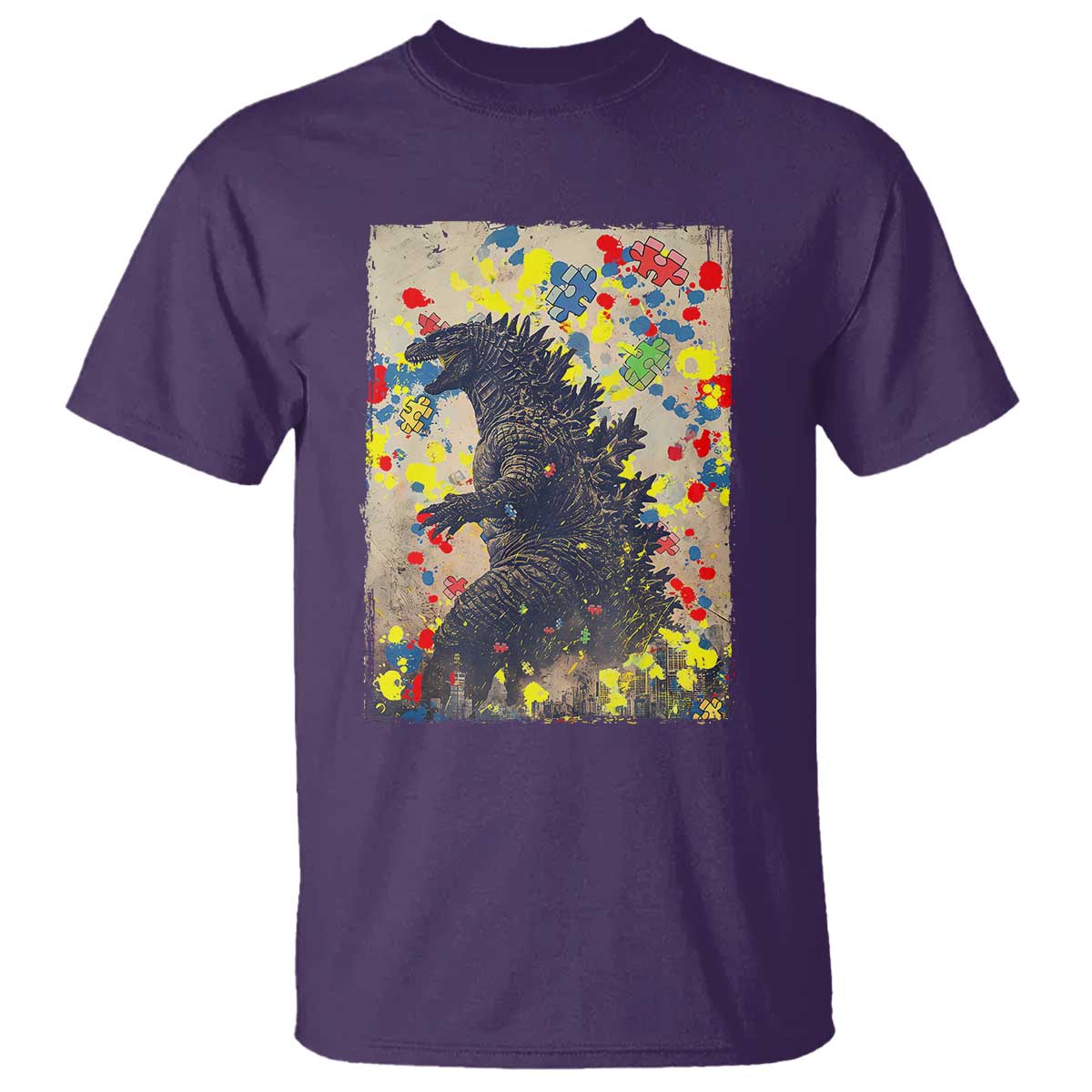 Funny Autism Awareness Japanese Giant Monster T Shirt Colorful Puzzles