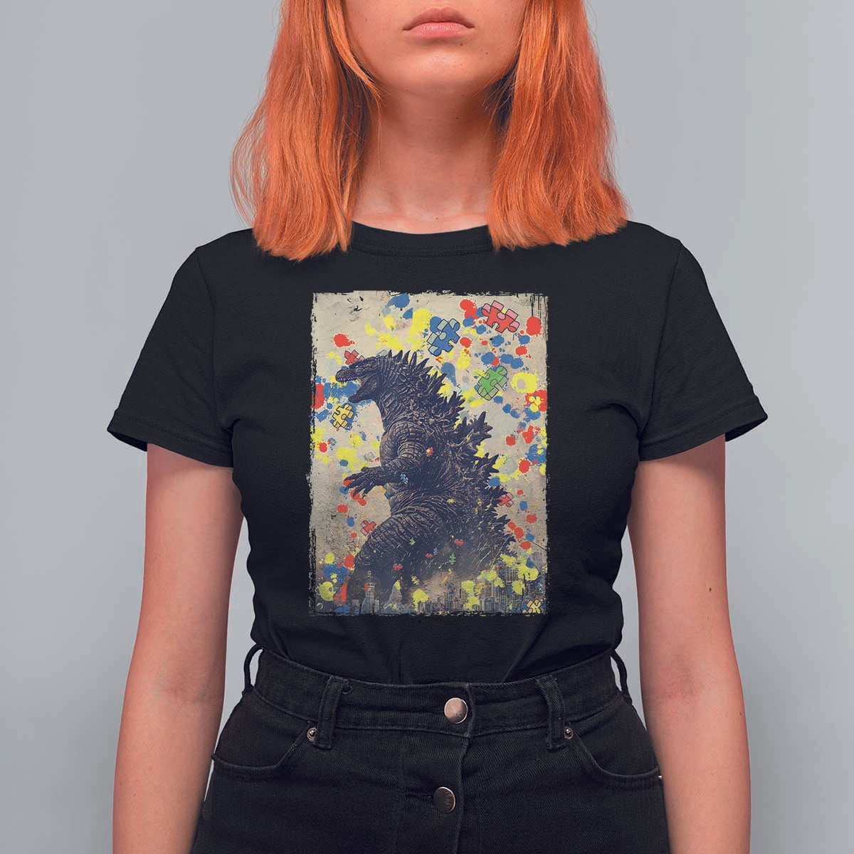 Funny Autism Awareness Japanese Giant Monster T Shirt For Women Colorful Puzzles
