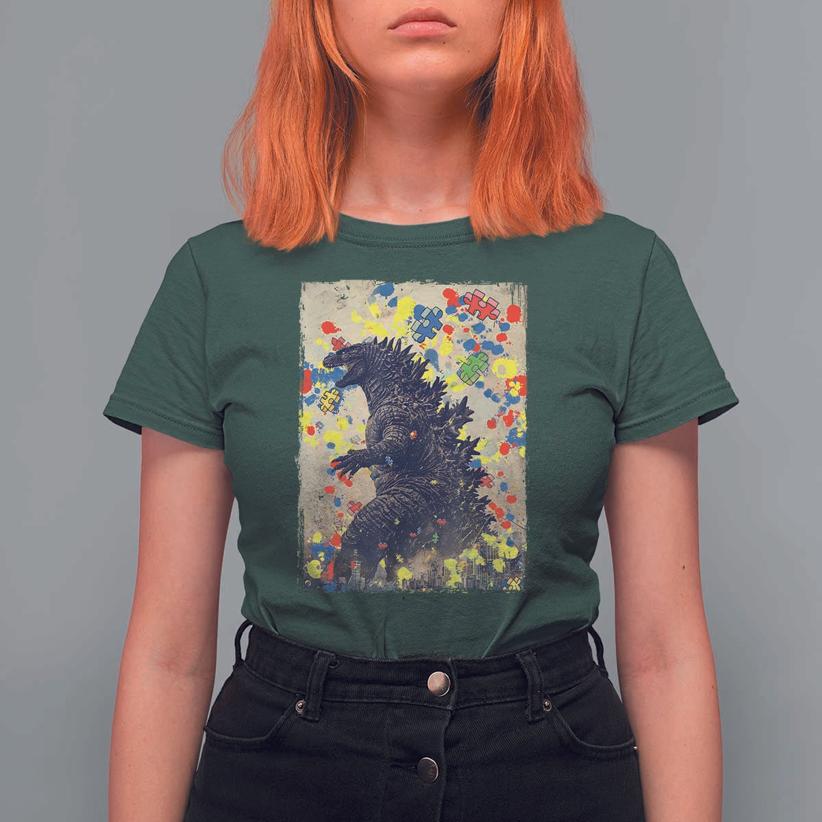 Funny Autism Awareness Japanese Giant Monster T Shirt For Women Colorful Puzzles
