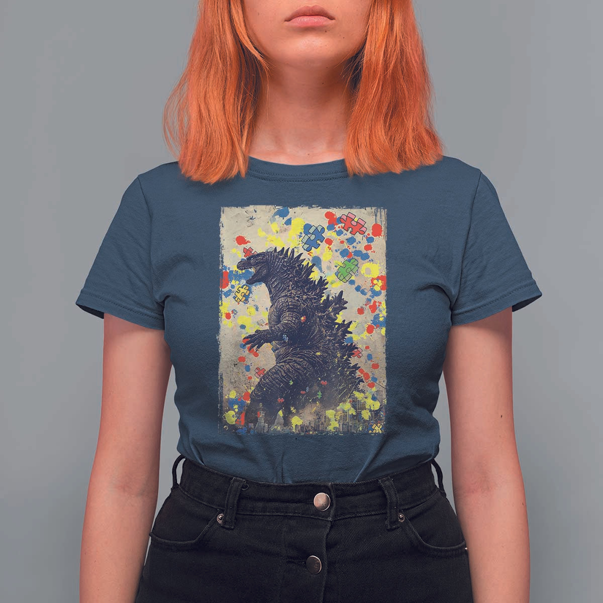 Funny Autism Awareness Japanese Giant Monster T Shirt For Women Colorful Puzzles