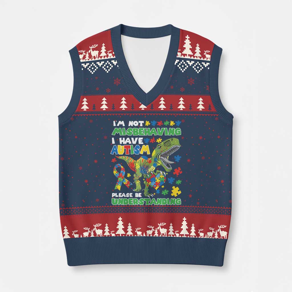 Funny Autism Awareness Dinosaur V-Neck Knit Sweater Vest I'm Not Misbehaving I Have Autism Please Be Understanding