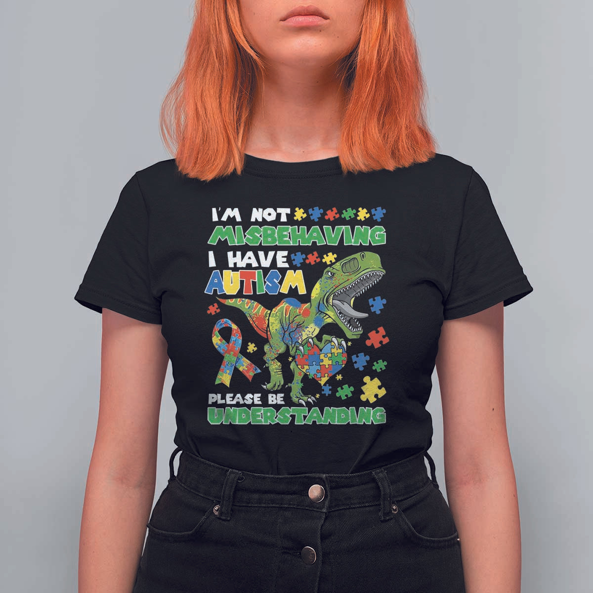 Funny Autism Awareness Dinosaur T Shirt For Women I'm Not Misbehaving I Have Autism Please Be Understanding