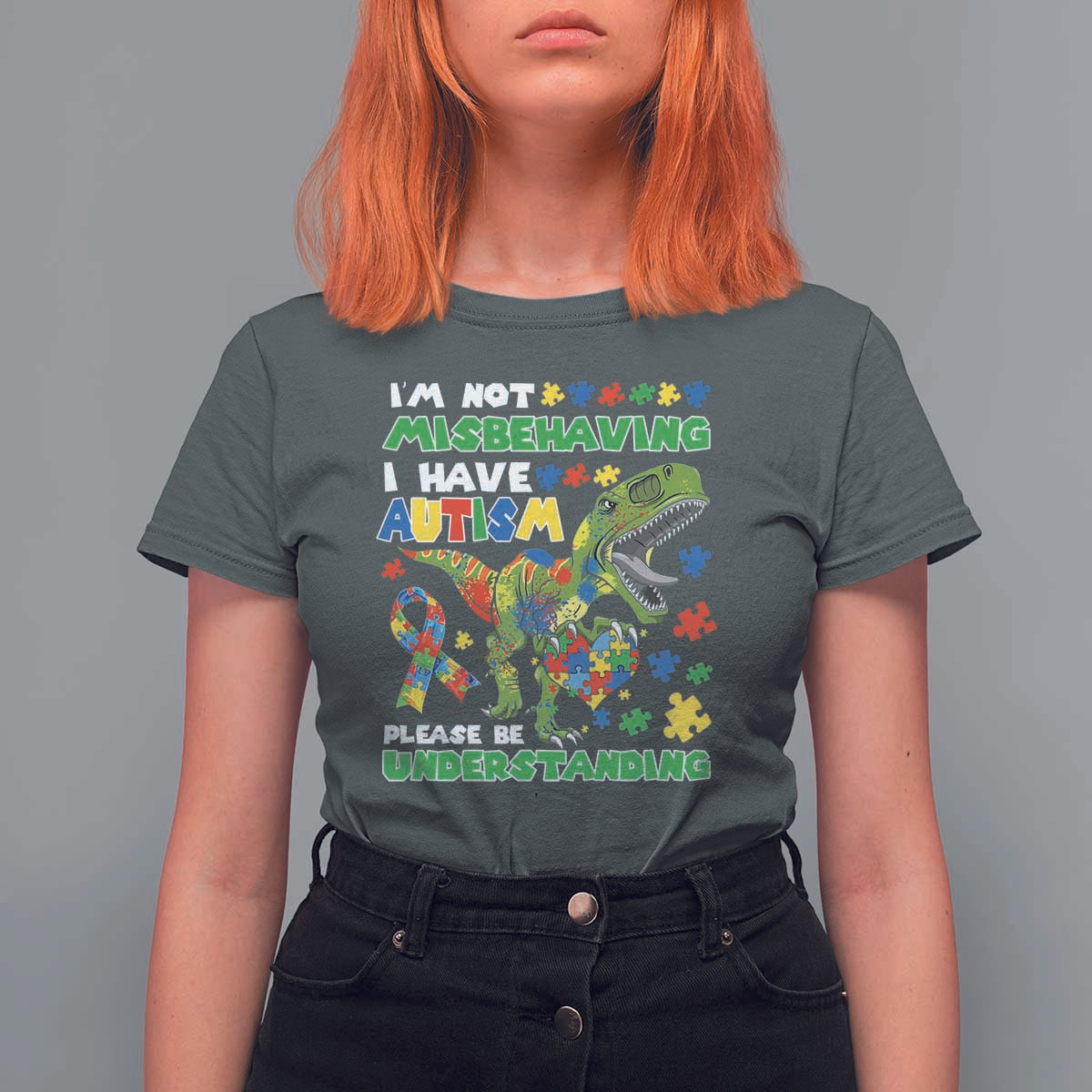 Funny Autism Awareness Dinosaur T Shirt For Women I'm Not Misbehaving I Have Autism Please Be Understanding