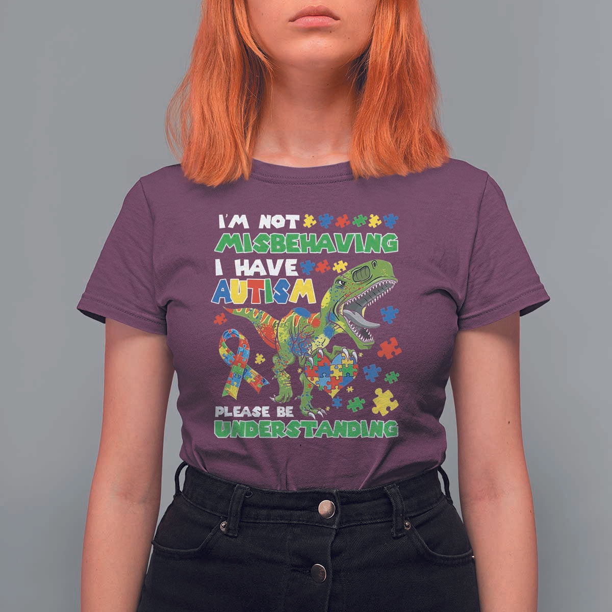 Funny Autism Awareness Dinosaur T Shirt For Women I'm Not Misbehaving I Have Autism Please Be Understanding