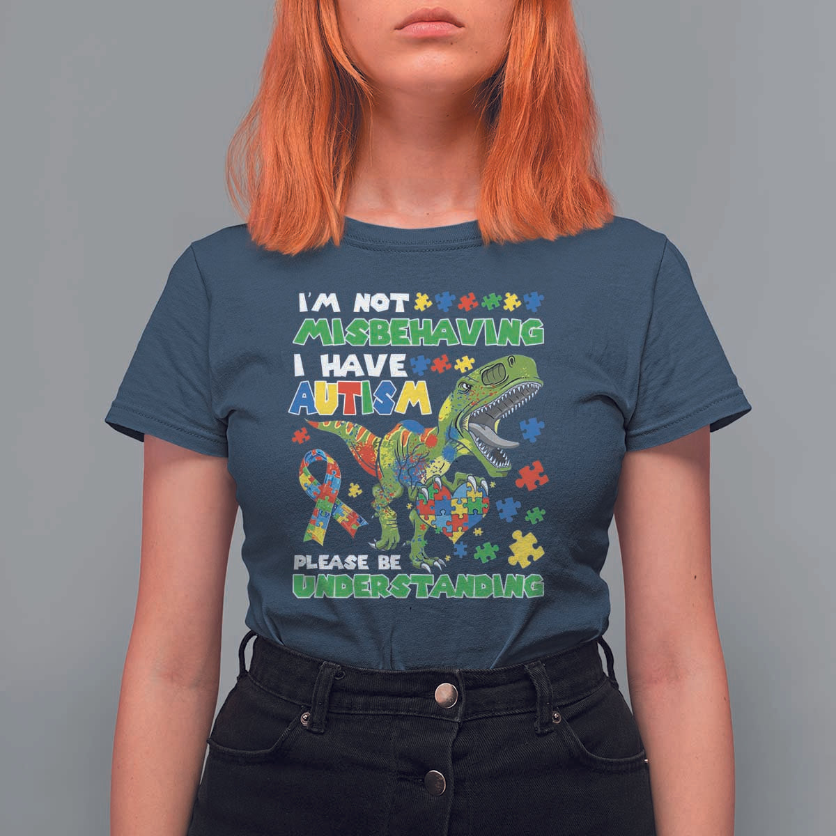 Funny Autism Awareness Dinosaur T Shirt For Women I'm Not Misbehaving I Have Autism Please Be Understanding