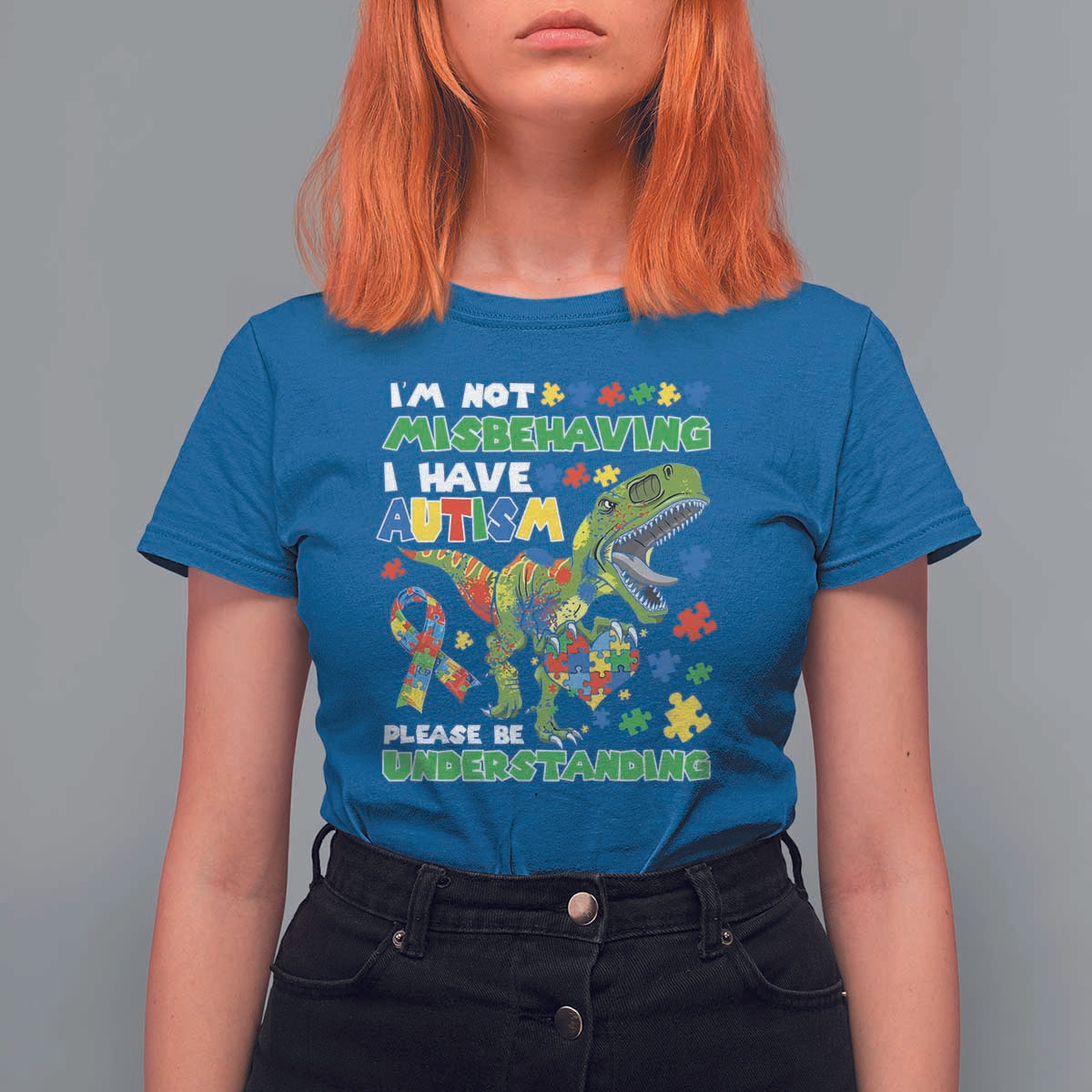 Funny Autism Awareness Dinosaur T Shirt For Women I'm Not Misbehaving I Have Autism Please Be Understanding