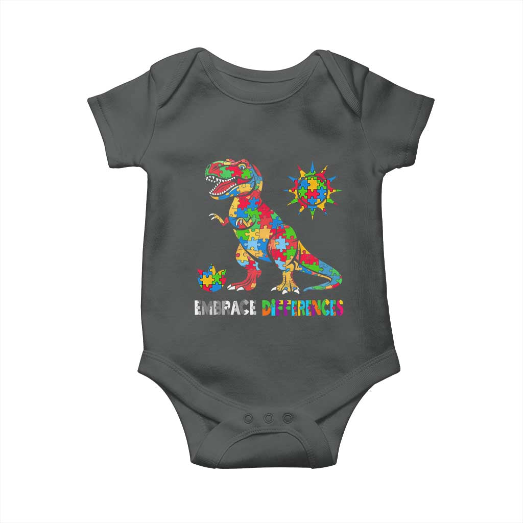 Funny Autism Awareness Embrace Differences Baby Onesie Puzzle Dinosaur