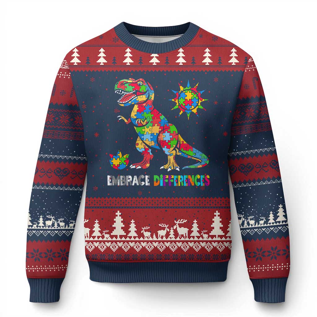Funny Autism Awareness Embrace Differences Ugly Christmas Sweater Puzzle Dinosaur