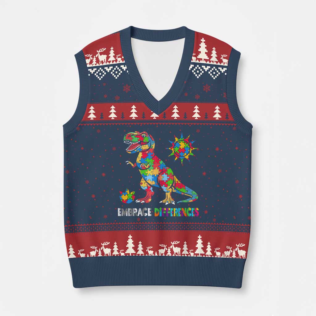 Funny Autism Awareness Embrace Differences V-Neck Knit Sweater Vest Puzzle Dinosaur