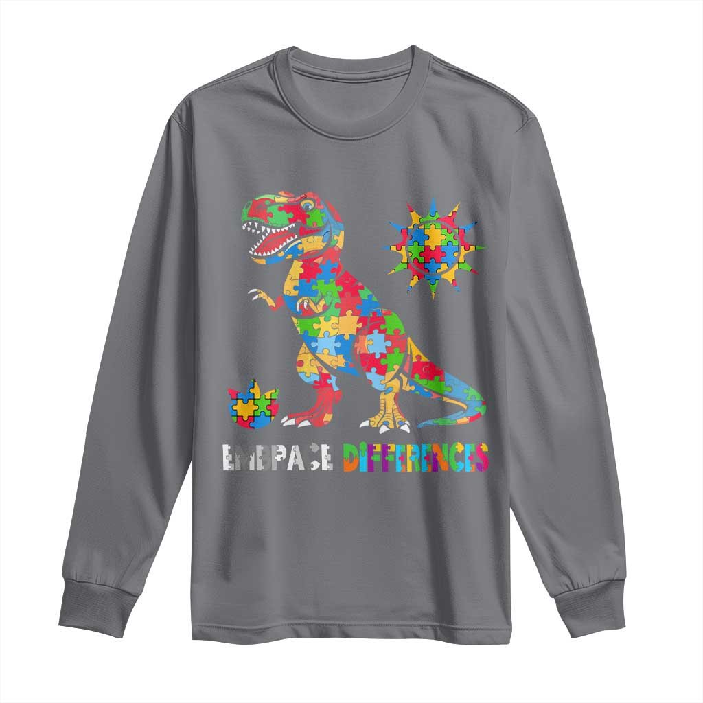 Funny Autism Awareness Embrace Differences Long Sleeve Shirt Puzzle Dinosaur