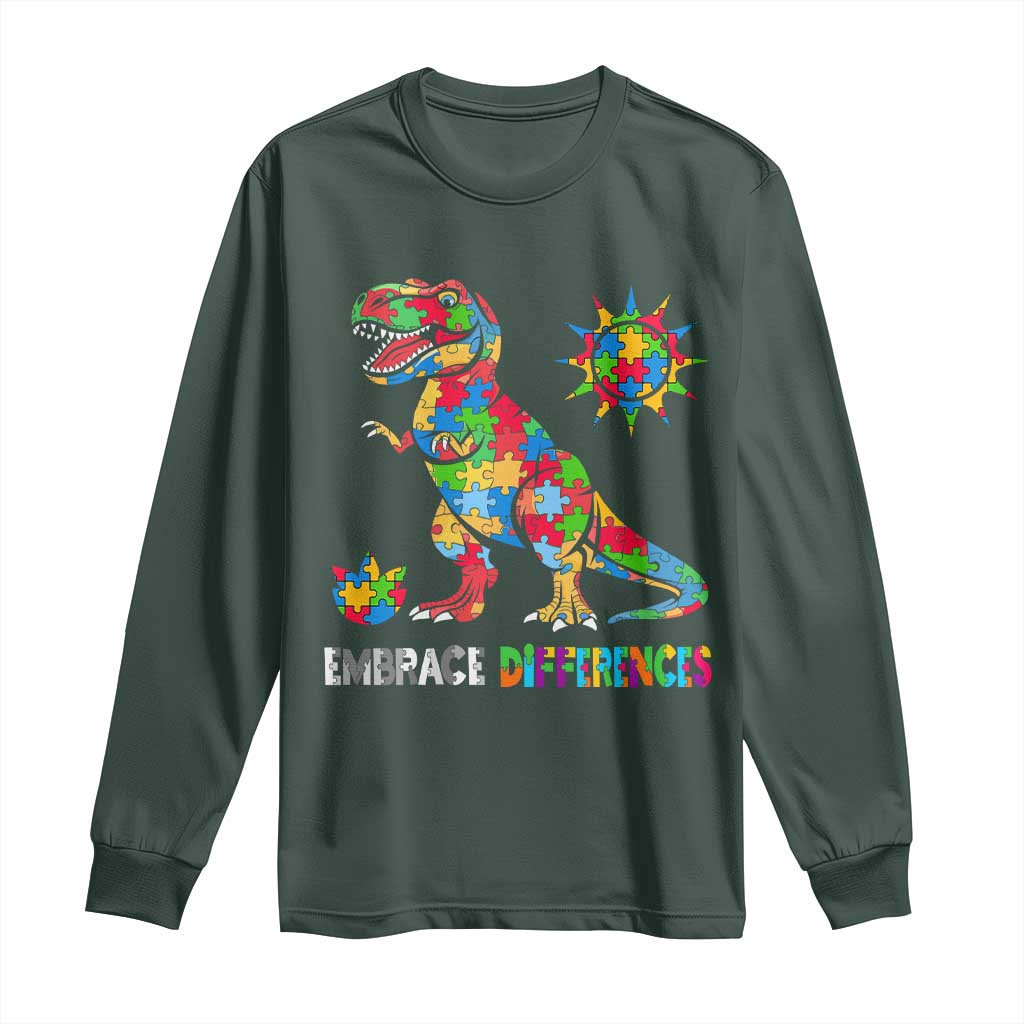 Funny Autism Awareness Embrace Differences Long Sleeve Shirt Puzzle Dinosaur