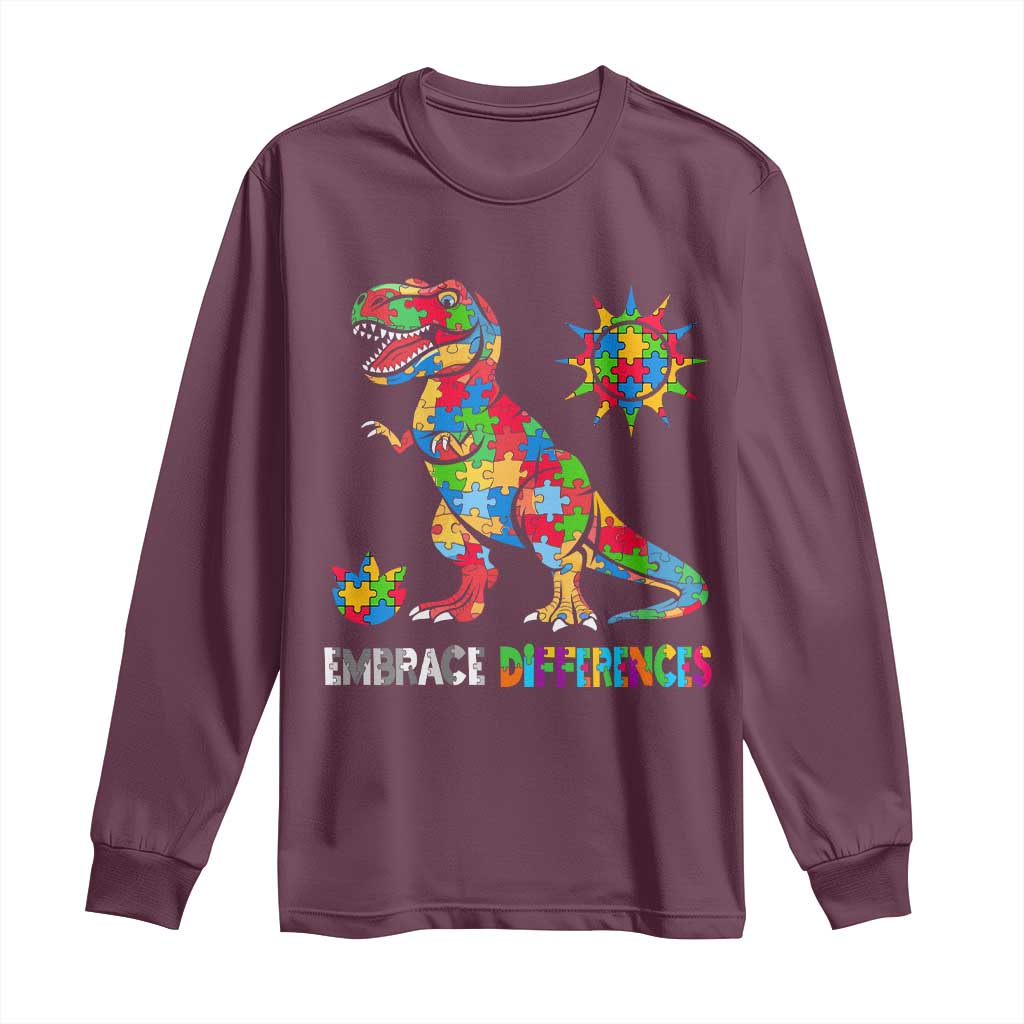 Funny Autism Awareness Embrace Differences Long Sleeve Shirt Puzzle Dinosaur