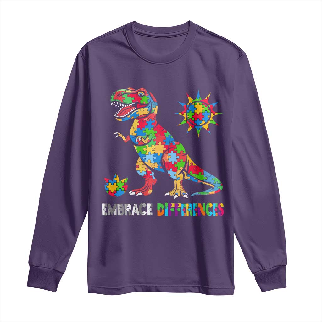 Funny Autism Awareness Embrace Differences Long Sleeve Shirt Puzzle Dinosaur