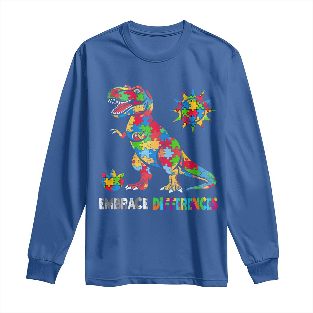 Funny Autism Awareness Embrace Differences Long Sleeve Shirt Puzzle Dinosaur
