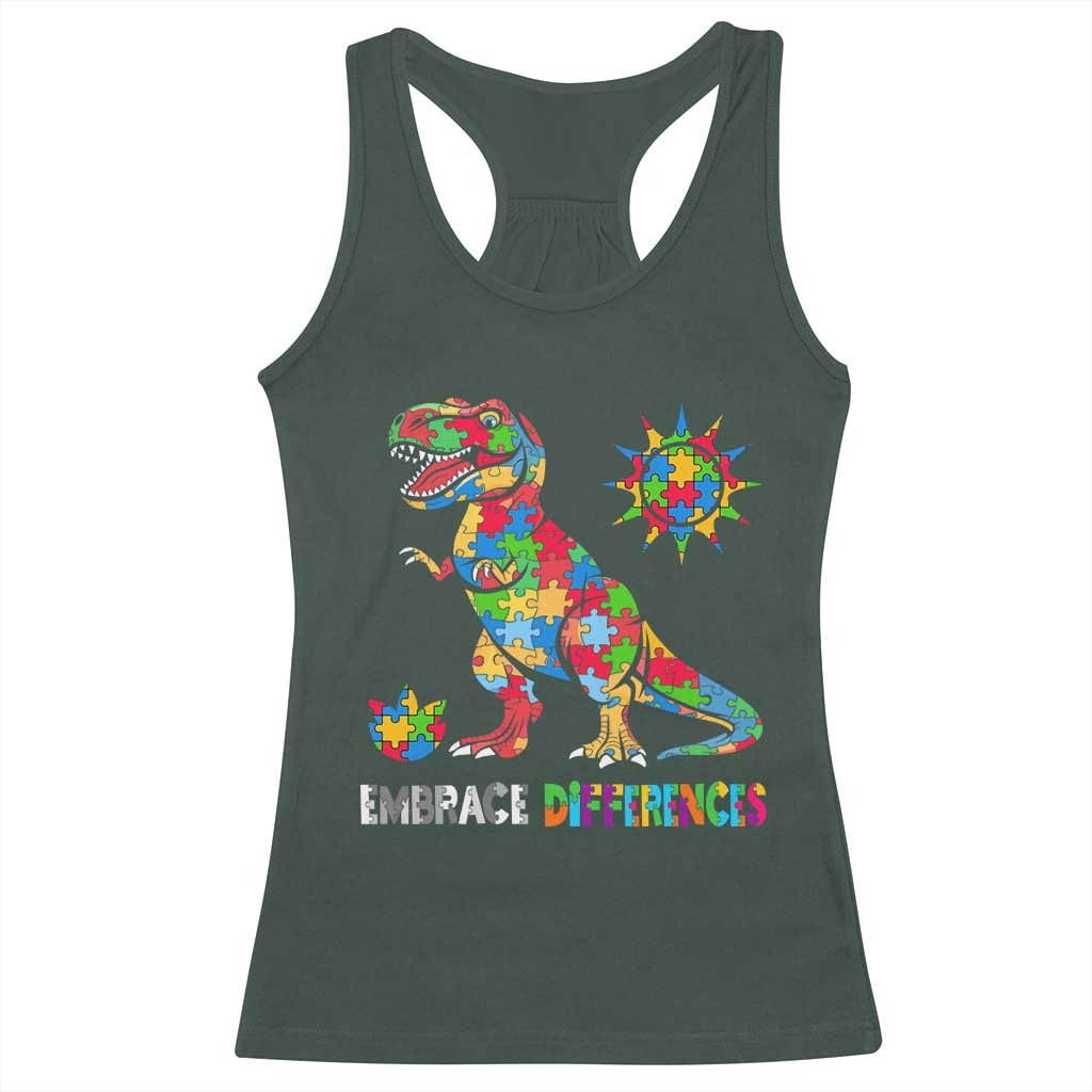 Funny Autism Awareness Embrace Differences Racerback Tank Top Puzzle Dinosaur