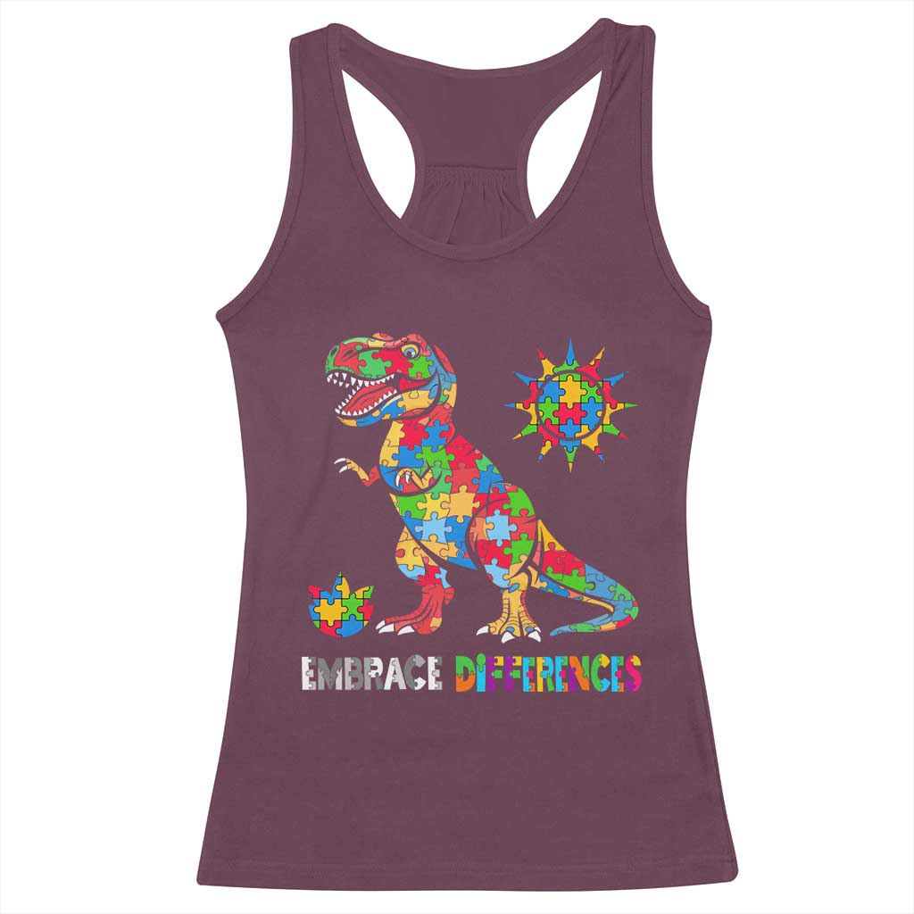 Funny Autism Awareness Embrace Differences Racerback Tank Top Puzzle Dinosaur