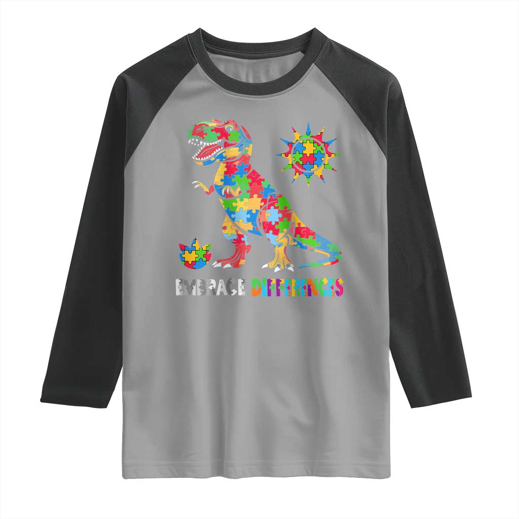 Funny Autism Awareness Embrace Differences Raglan Shirt Puzzle Dinosaur