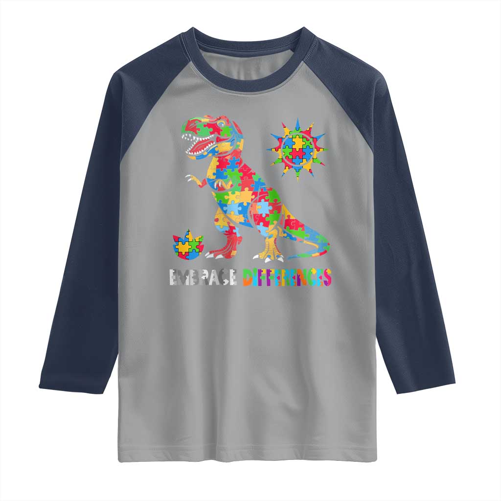 Funny Autism Awareness Embrace Differences Raglan Shirt Puzzle Dinosaur